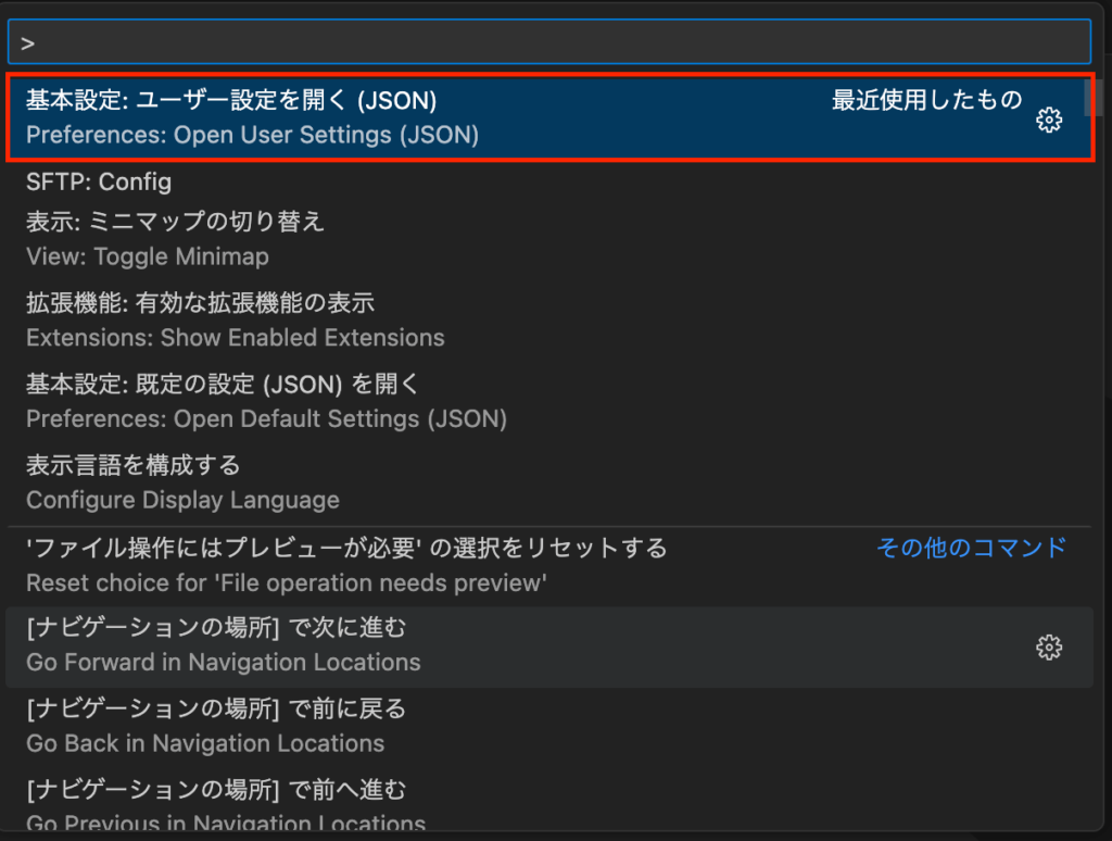 基本設定：ユーザー設定を開く(JSON)